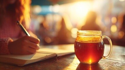 Woman Writing in Notebook with Glass of Tea During Sunset in Cozy Cafe