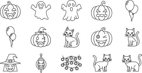 Cute Halloween line icons vector set, pumpkins ghosts cats witches hats balloons, playful outline illustration for kids, coloring pages, stickers, party design
