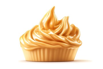A delicious dessert shows caramel frosting swirled high in a ribbed, tan cup on white