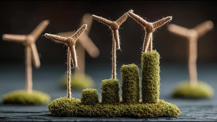 A group of wind turbines standing tall in a landscape representing green energy consumption and sustainable practices. Miniature Wind Turbines and Green Energy Chart – Animated Video Version - Powered by Adobe