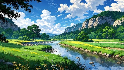 Idyllic Anime Landscape: Serene River Flowing Through a Verdant Valley with Mountains and Wildflowers