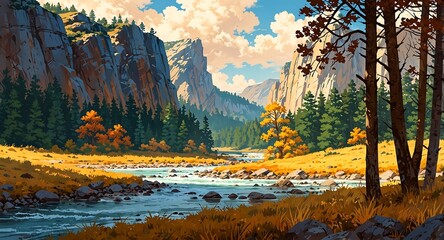 Vibrant Autumn River Valley Landscape with Towering Cliffs and Pine Forests, Stylized Digital Art