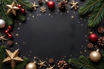 Christmas decorations frame a dark background with pine branches, baubles, stars, and pine cones.