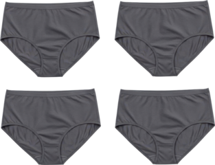 Four identical pairs of dark grey womens underwear neatly arranged.
