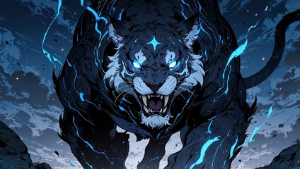 Fierce Electric Black Tiger Roaring with Glowing Blue Eyes in a Dark Fantasy Anime Style Illustration