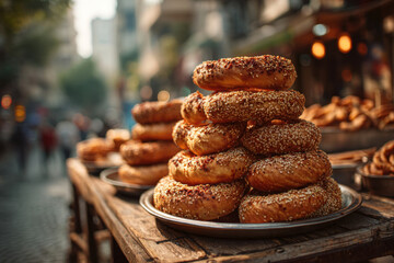 Turkish simit sesame ring bread stacked in tall spiral on rustic street cart