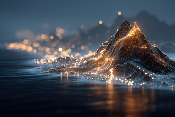 Abstract low-poly glowing triangle mountain rising from dark colorful bokeh ocean scene