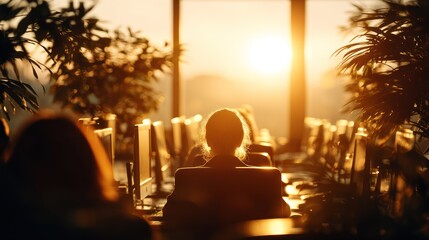Women Working in a Bright Modern Office with Sunlight Streaming Through Large Windows