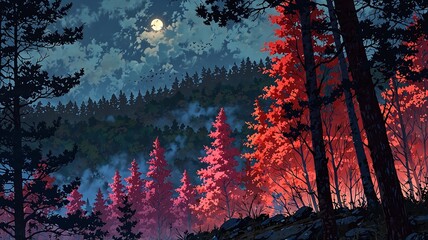 Enchanting Anime Forest Landscape at Night with Full Moon and Vivid Red Foliage