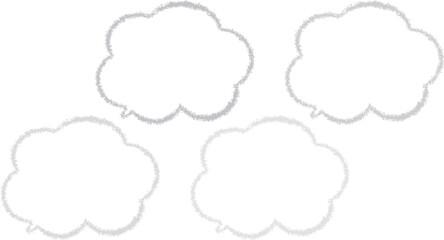 Fototapeta premium 黒からグレーにかけてづ古碑ずつ色が違う雲の形のふきだしセット。クレヨンで描かれたかわいいふきだし。らくがき風。手描き風。