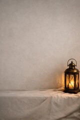Illuminated lantern with candle on a draped linen cloth against a textured wall, creating a warm, inviting ambiance and soft lighting.