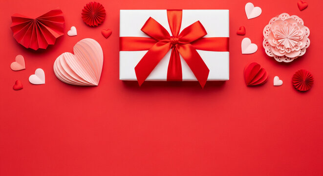 A white gift box with a red ribbon is centered on a red background, surrounded by paper hearts and flowers, conveying a romantic and festive mood. - Powered by Adobe