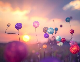 Glowing orbs on stalks illuminated by setting sun in a field