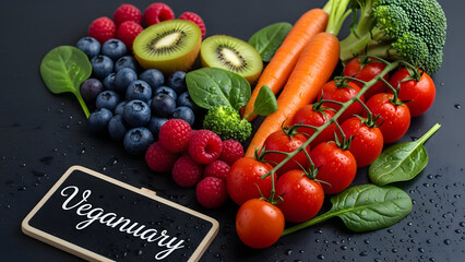 Veganuary Challenge: Happy Friends Tossing Fresh Colorful Vegan Salad Bowl with Flying Vegetables – Healthy Plant-Based Eating Lifestyle