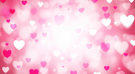 A soft pink background scattered with various-sized pink and white hearts, creating a dreamy, romantic atmosphere.