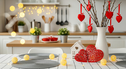 A cozy kitchen table decorated with red hearts, a white vase, and soft fairy lights, creating a warm, inviting atmosphere.