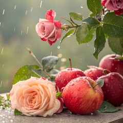 Fresh roses and red apples under gentle rain, crystal water droplets, ultra-clear focus, beautiful soft background