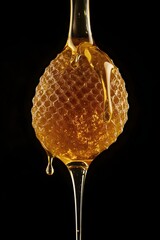Premium Macro Food Photography of Golden Honeycomb Dripping Honey on Black Velvet Background