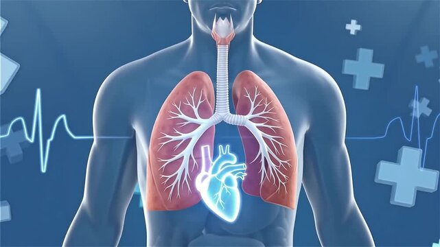 Animated blue human body with glowing heart and lungs on medical background with ecg and crosses