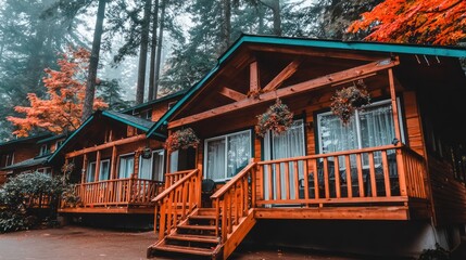 Wooden Cabin in Forest with Autumn Foliage and Cozy Porch