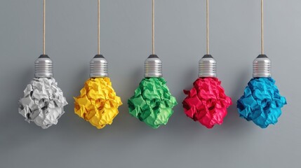 Five colorful light bulbs hang on strings against a grey backdrop, each filled with crumpled paper in white, yellow,