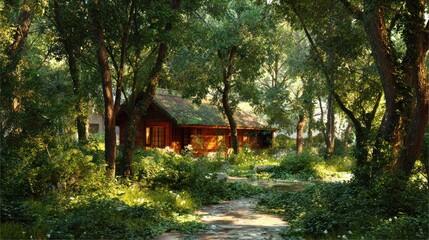 Wooden Cabin Surrounded by Green Trees and Lush Garden in Forest Setting