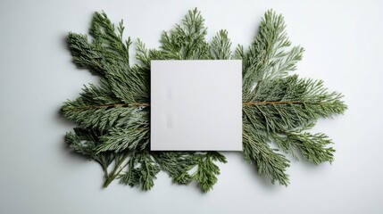 A white square card surrounded by symmetrical greenery with needle-like leaves,