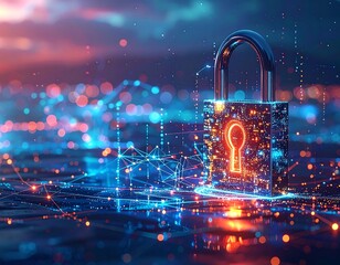 Glowing padlock amidst digital network and cityscape bokeh lights