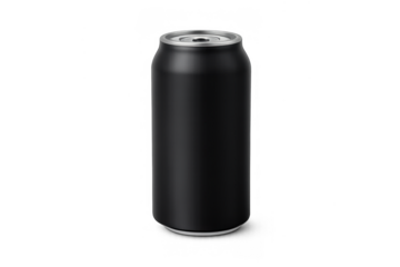 Black aluminum beverage can mockup standing, blank metal soda drink packaging with transparent background
