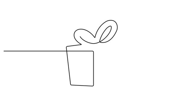 Animated self drawing of continuous line draw. Gift box with bow. Full length one line animation. Open gift box with confetti. Surprise symbol single outline style. Birthday surprise party. 4K video