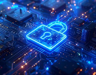Glowing padlock on a detailed circuit board, representing security