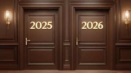 Wooden Doors with Illuminated Year Signs in Elegant Office Corridor