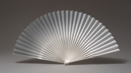 A white clutching fan stands open on a flat surface with its slats fanned out evenly around the small cylindrical handle