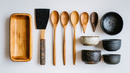 Wooden Kitchen Utensils and Bowls Set Minimalist Natural Style for Cooking and Dining