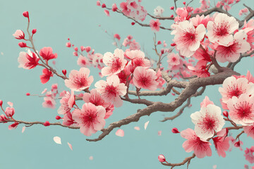 Spring cherry blossom branches crossing diagonally with soft pink petals falling