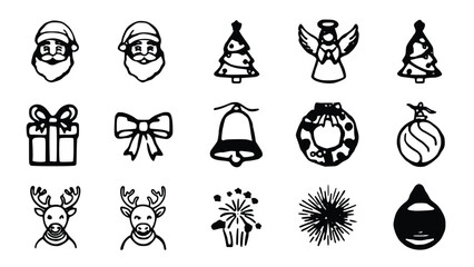 Christmas icon set, santa, reindeer, tree, bell, angel, gift, ornament, holiday elements