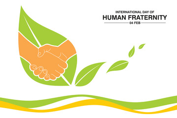 Vector illustration of a handshake inside a green leaf, symbolizing unity, peace, and environmental harmony for International Day of Human Fraternity.
