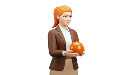 Businesswoman Holding Orange Sphere on White Background