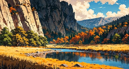 Vibrant Autumn River Landscape Illustration with Golden Meadow, Towering Cliffs, and Distant Mountains