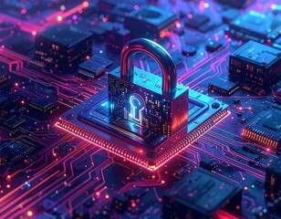 Glowing padlock on complex circuit board illustrating cybersecurity