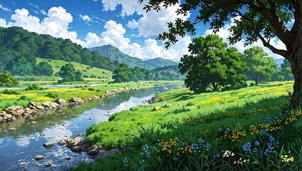 Idyllic Anime Landscape with Winding River, Lush Green Hills, and Vibrant Meadows under a Blue Sky