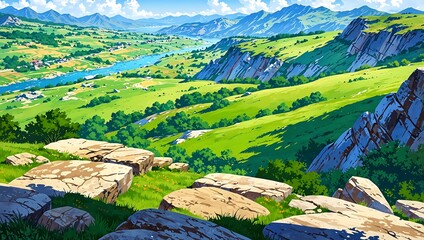 Vibrant Anime Landscape Illustration of Serene Green Valley, Winding Blue River, and Majestic Mountains