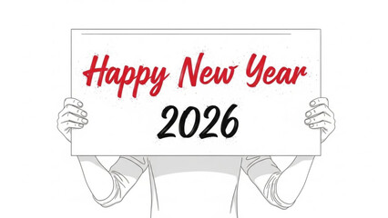 Obraz premium Person holding a sign with happy new year 2026 written on it in red and black text on white background