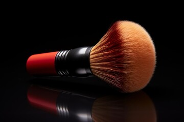 Powder makeup brush with a red handle lying on a reflective black background