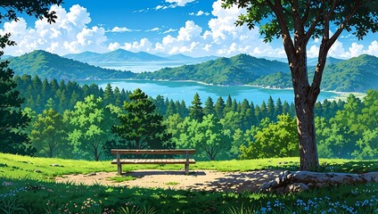 Anime Landscape Illustration with Serene Lake, Green Mountains, Lush Forest, and a Wooden Bench under a Clear Blue Sky