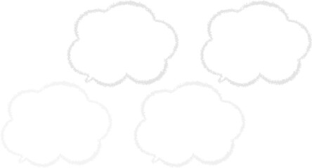 黒からグレーにかけてづ古碑ずつ色が違う雲の形のふきだしセット。クレヨンで描かれたかわいいふきだし。らくがき風。手描き風。