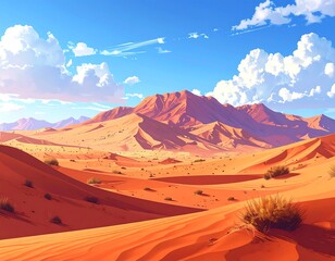 Naklejka premium Animated desert scene, dunes under a blue sky with fluffy white clouds, mountains
