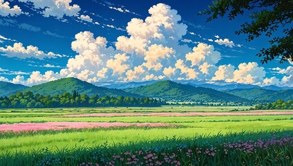 Vibrant Anime Landscape Illustration of Peaceful Rural Fields and Majestic Clouds