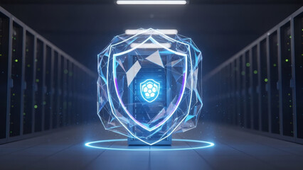 Glowing Shield Icon with Futuristic Design.