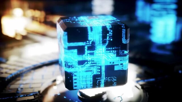 Glowing blue cube with circuit pattern